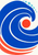 Cobalt spiral wave curling around a vermilion disc, with aqua dots and red arcs on a warm-white background.