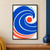 Cobalt spiral wave curling around a vermilion disc, with aqua dots and red arcs on a warm-white background.; frame shown for styling only