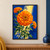 Three orange marigolds on green stems against an ultramarine background crossed by a strip of warm light.; frame shown for styling only