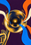 Large brass-and-indigo trumpet bell surrounded by blue, orange, and cream ribbon-like arcs on a deep plum background.