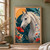 A pale mare lowers her muzzle to a red poppy, framed by deep teal foliage and flowers, with small “WILDFLOWER MARE” lettering below.; frame shown for styling only