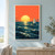 Small sailboat with a pale triangular sail crosses teal waves beneath a low pale-yellow sun and coral-orange sky.; frame shown for styling only