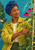 An adult Black woman in an indigo headwrap and patterned chartreuse jacket ties flowering stems to a bamboo support beside magenta coneflowers.
