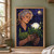 Silver-haired woman in a green apron holding a glowing white flower in a terracotta pot in a moonlit greenhouse.; frame shown for styling only
