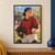 Smiling adult baseball catcher in red gear holding a mask and ball, with teammates and a flowering tree behind.; frame shown for styling only
