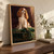 White-and-copper spaniel perched on a patterned emerald ottoman with one paw resting on a tassel, framed by dark plum drapery.; frame shown for styling only