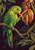 Bright green parrot reaches toward an open orange-brown seedpod on a looping vine against plum-colored foliage.