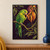 Bright green parrot reaches toward an open orange-brown seedpod on a looping vine against plum-colored foliage.; frame shown for styling only