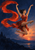 Adult woman dancer leaping toward the right at dusk, arms raised as a broad red-orange scarf streams to the left.