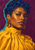 Close portrait of a woman with cobalt curls, amber-colored drop earrings, and a marigold high-neck blouse against plum and turquoise.
