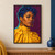 Close portrait of a woman with cobalt curls, amber-colored drop earrings, and a marigold high-neck blouse against plum and turquoise.; frame shown for styling only