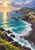 Painterly coastal village on a green rocky headland above turquoise surf and a dark beach, with a small red-orange sailboat offshore.