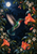 Green-teal hummingbird hovering beside a coral trumpet flower among foliage and white blossoms beneath a bright moon.