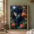 Green-teal hummingbird hovering beside a coral trumpet flower among foliage and white blossoms beneath a bright moon.; frame shown for styling only