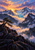Sunrise beam illuminating a distant glacier between jagged peaks, with a windswept pine on the dark foreground ridge.