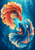 Orange and blue betta-like fish face one another with sweeping fins in rippled turquoise water and bubbles.