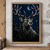 A close-up living stag with branching antlers beneath a crescent moon, looking toward a snowflake above dark conifers.; frame shown for styling only