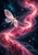 Pale moth with translucent spread wings in front of a sweeping pink nebula and star points on a dark blue background.