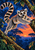 A ring-tailed lemur leaps between branches, its striped tail arcing against blue foliage and an orange dusk opening.