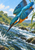 Blue-green kingfisher with orange breast diving toward a small silver fish and white splash in a rushing stream.