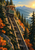 Open-sided funicular carriage carrying two passengers on a steep forest railway, with autumn leaves and distant mountains in golden light.