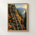 Open-sided funicular carriage carrying two passengers on a steep forest railway, with autumn leaves and distant mountains in golden light.; frame shown for styling only