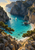 Small white sailboat in a bright turquoise cove beneath steep rocky cliffs, with pine branches and a foamy shore.