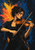 Adult woman playing violin with a diagonal bow before a vivid orange, yellow and turquoise pigment burst.