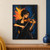 Adult woman playing violin with a diagonal bow before a vivid orange, yellow and turquoise pigment burst.; frame shown for styling only