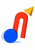 Cobalt-blue circle overlaps a vermilion arch beneath a floating golden wedge, with black motion curves and a pale-blue shadow on white.