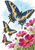 Three blue, yellow, and coral patterned butterflies flying above pink cosmos flowers and green stems.