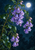 Climbing vine with hanging violet bell-shaped flowers, green leaves and pink buds beneath a bright full moon in a dark blue sky.