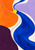 Abstract poster with a sweeping cobalt-blue ribbon between tangerine and lilac fields, a yellow disc, mint curve and plum block.