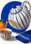 Cream ceramic teapot with blue stripes pouring amber tea into a cup against an ultramarine oval, with a blue towel and orange.