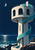Pale coastal tower with three arched openings and turquoise wrapping ramps beneath a crescent moon, above ocean and rocky shore.