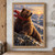 Large brown bear with a trailing red scarf on a rocky alpine ridge, with blue-grey peaks and golden sunrise light.; frame shown for styling only