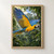 Blue-and-gold macaw with raised blue wings flying across a lush, sunlit tropical forest canopy.; frame shown for styling only