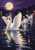 Three white swans with raised wings on a reflective dark pond beneath a large moon, with warm lights along the far bank.