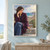 Seated woman in a deep-plum coat looking toward a small bird on a stone step beside flowers and the turquoise sea.; frame shown for styling only