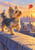 Small long-haired Yorkshire terrier standing with one front paw lifted on a rooftop ledge, looking toward a red leaf with a city skyline behind.