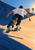 A rear-view skateboarder rides up a concrete bowl, with peach-gold sunlight and deep blue shadows across the skatepark.