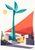 Turquoise three-vane tower-like structure above geometric buildings and a coral canopy, with a yellow sun.