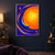 Glowing orange-yellow disc crossed by a cobalt crescent, surrounded by violet painted arcs and coral starbursts.; frame shown for styling only
