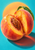 A large split peach with an exposed brown pit and green leaf sits against a turquoise field with a warm circular glow.