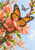 An orange-and-black monarch butterfly among pink quince blossoms, with a smaller blue-gray butterfly and leafy branch.