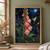 Spotted pink-purple foxglove bells and a hovering moth among dewy foliage beneath a moon.; frame shown for styling only