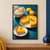 Cream kitten asleep in a blue-striped bowl beside a golden lemon tart and plated slice, with lemons and thyme on a deep teal surface.; frame shown for styling only
