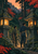 Two caretakers beside glowing stone lanterns on a wooded mountain garden path, with a folded ladder and vermilion gate among the trees.