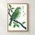 Green songbird with open beak perched on a dark curved branch among leaves, with curved sound-ripple marks to the right.; frame shown for styling only