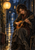 Seated musician playing a small mandolin-like instrument beneath a glowing paper lantern in a rainy alley with golden reflections.